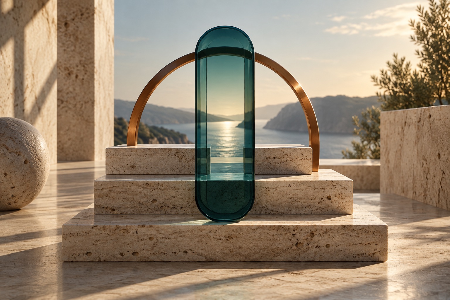 Warm light crossing an architectural study of layered stone and glass